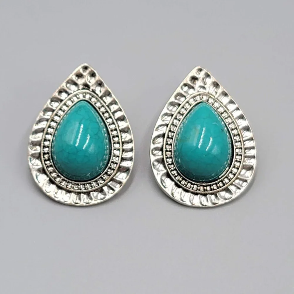 Teardrop Pierced Earrings Silver tone Blue Accent 1.25" - Picture 4 of 7
